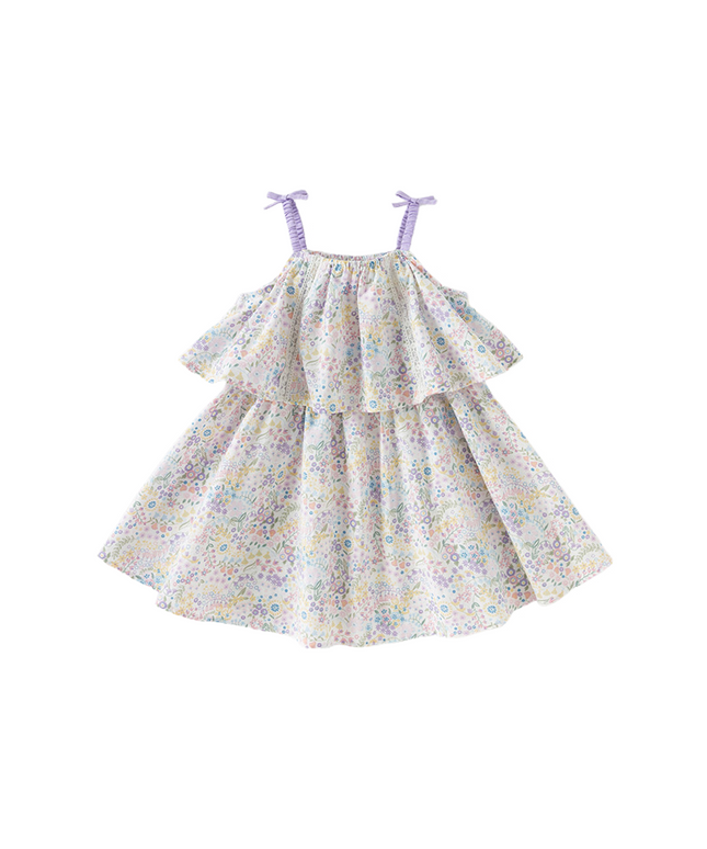 Girls Summer Purple Floral Print Sweet Halter Dress