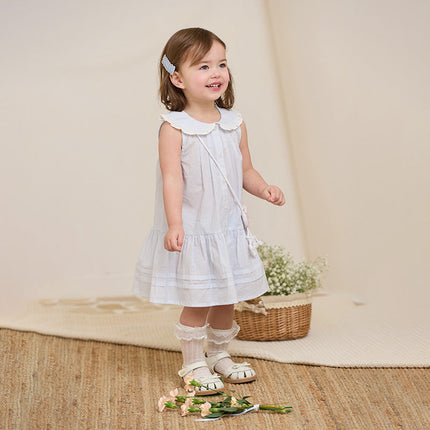 Girls Summer Cotton Blue White Striped Cute Sleeveless Dress (wallet bag)