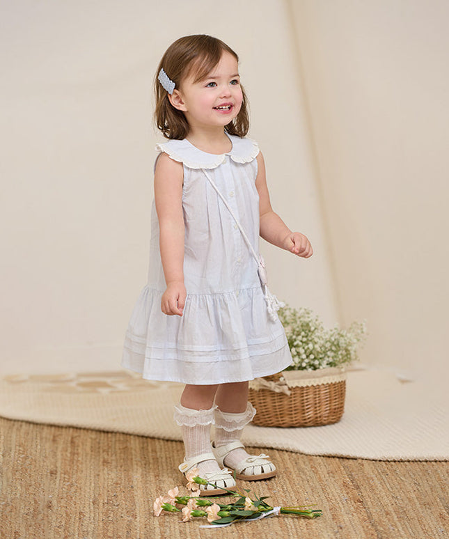 Girls Summer Cotton Blue White Striped Cute Sleeveless Dress (wallet bag)