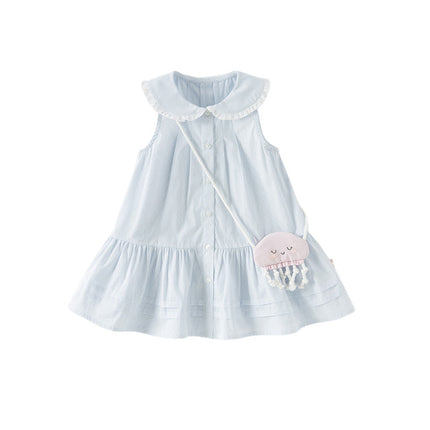 Girls Summer Cotton Blue White Striped Cute Sleeveless Dress (wallet bag)