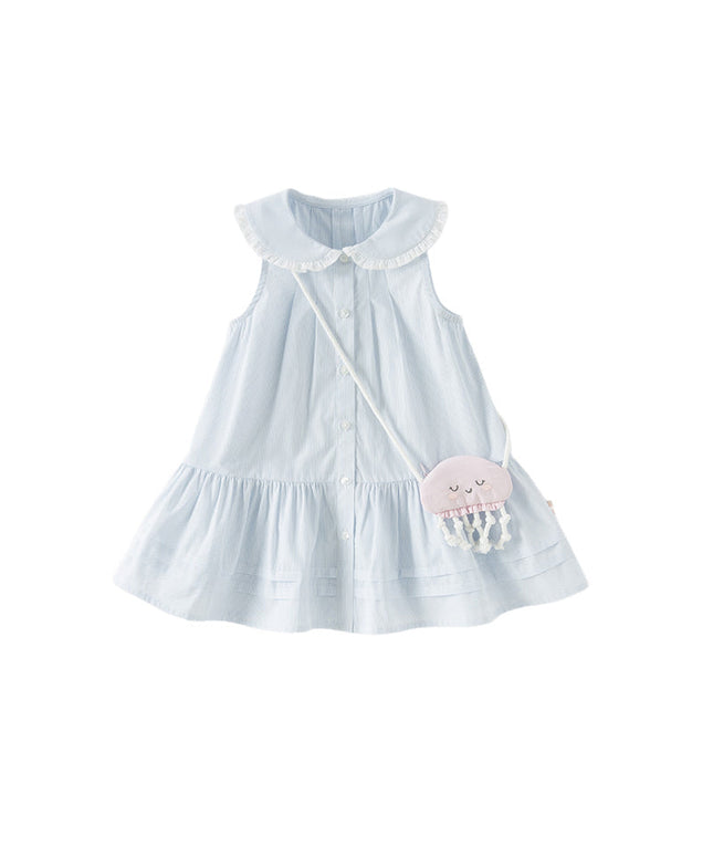 Girls Summer Cotton Blue White Striped Cute Sleeveless Dress (wallet bag)