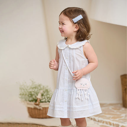 Girls Summer Cotton Blue White Striped Cute Sleeveless Dress (wallet bag)