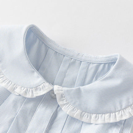 Girls Summer Cotton Blue White Striped Cute Sleeveless Dress (wallet bag)
