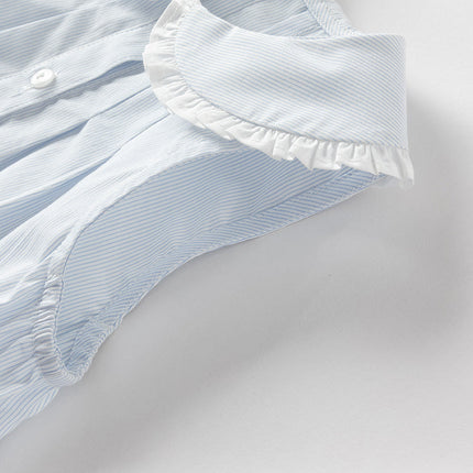 Girls Summer Cotton Blue White Striped Cute Sleeveless Dress (wallet bag)