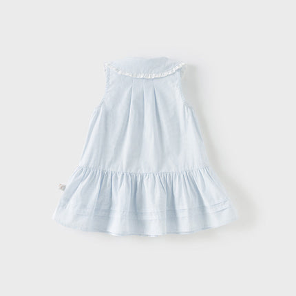 Girls Summer Cotton Blue White Striped Cute Sleeveless Dress (wallet bag)