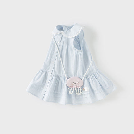Girls Summer Cotton Blue White Striped Cute Sleeveless Dress (wallet bag)
