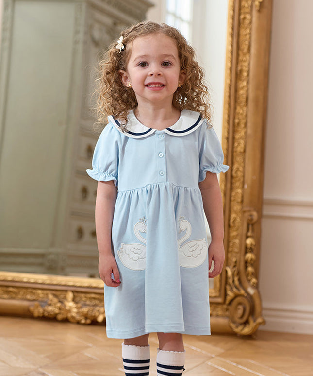 Girls Summer Blue Navy Collar Cotton Dress