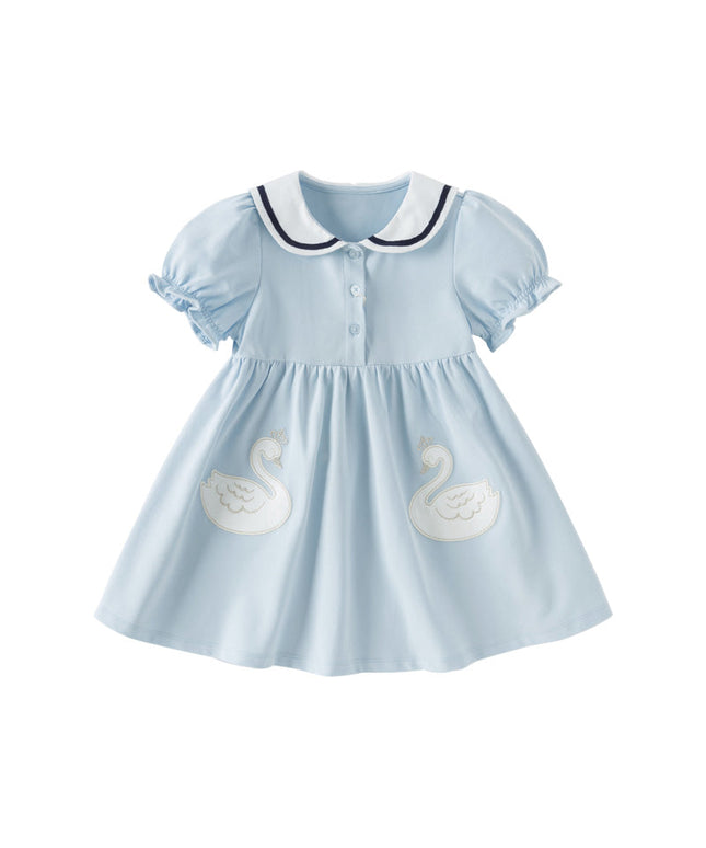 Girls Summer Blue Navy Collar Cotton Dress