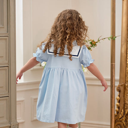 Girls Summer Blue Navy Collar Cotton Dress