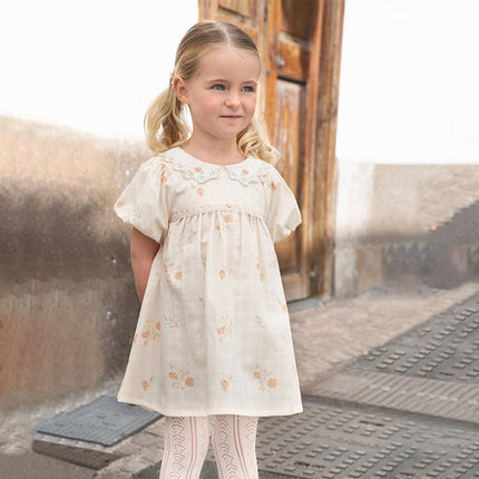 Toddler Girls Summer Cotton Beige Floral Print Sweet A-line Dress