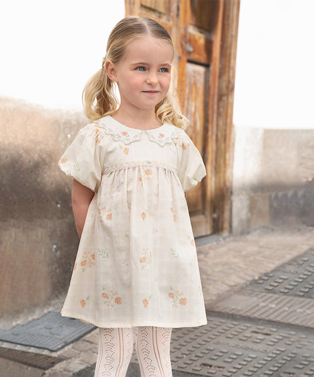 Toddler Girls Summer Cotton Beige Floral Print Sweet A-line Dress