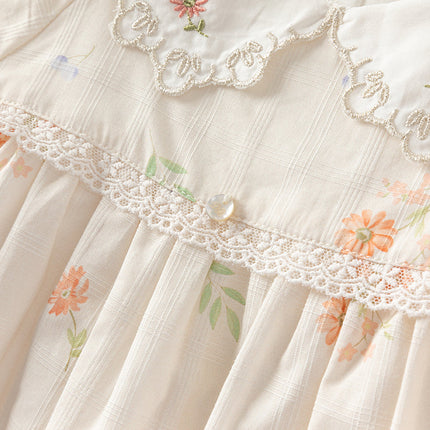 Toddler Girls Summer Cotton Beige Floral Print Sweet A-line Dress