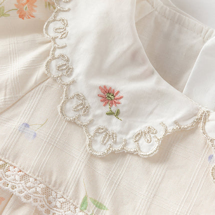 Toddler Girls Summer Cotton Beige Floral Print Sweet A-line Dress