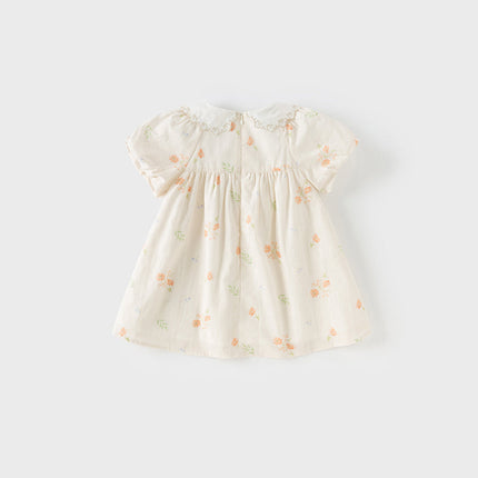 Toddler Girls Summer Cotton Beige Floral Print Sweet A-line Dress