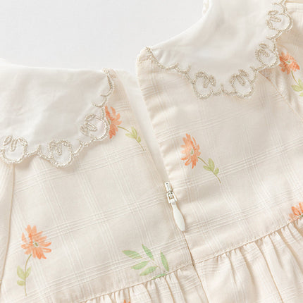 Toddler Girls Summer Cotton Beige Floral Print Sweet A-line Dress