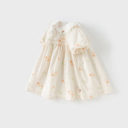 Toddler Girls Summer Cotton Beige Floral Print Sweet A-line Dress
