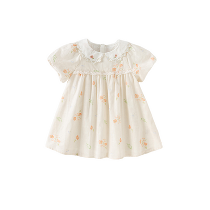 Toddler Girls Summer Cotton Beige Floral Print Sweet A-line Dress