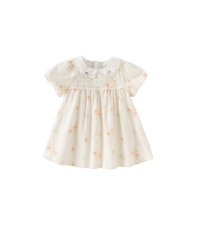 Toddler Girls Summer Cotton Beige Floral Print Sweet A-line Dress