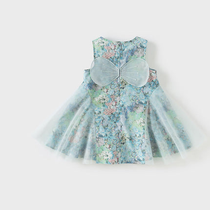 Girls Summer Classical Green Printed Mesh Elegant Princess Dresses