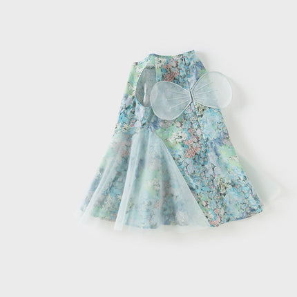 Girls Summer Classical Green Printed Mesh Elegant Princess Dresses