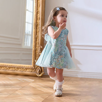 Girls Summer Classical Green Printed Mesh Elegant Princess Dresses