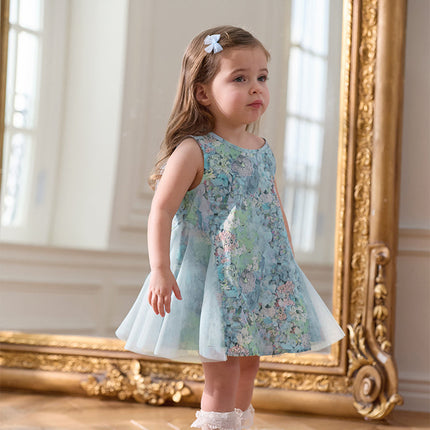 Girls Summer Classical Green Printed Mesh Elegant Princess Dresses
