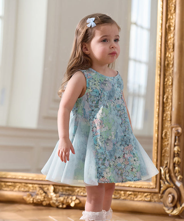 Girls Summer Classical Green Printed Mesh Elegant Princess Dresses