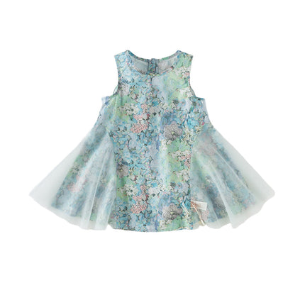 Girls Summer Classical Green Printed Mesh Elegant Princess Dresses