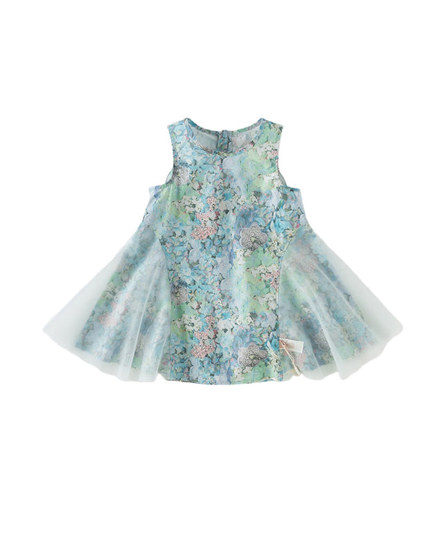 Girls Summer Classical Green Printed Mesh Elegant Princess Dresses