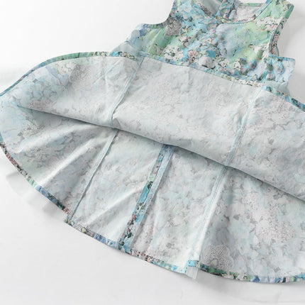 Girls Summer Classical Green Printed Mesh Elegant Princess Dresses