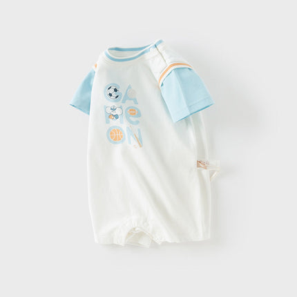 Baby Boys Summer Blue Caetoon Print Lightweight Cotton Rompers