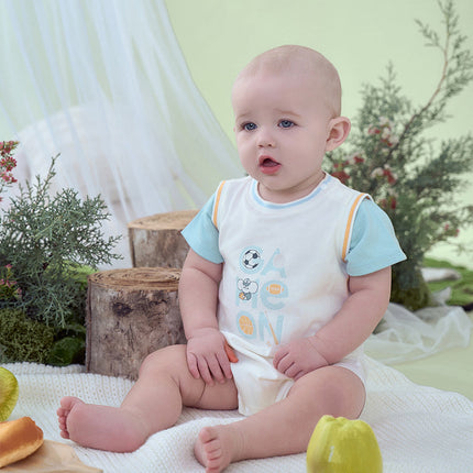 Baby Boys Summer Blue Caetoon Print Lightweight Cotton Rompers
