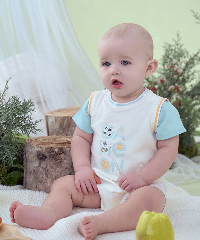 Baby Boys Summer Blue Caetoon Print Lightweight Cotton Rompers