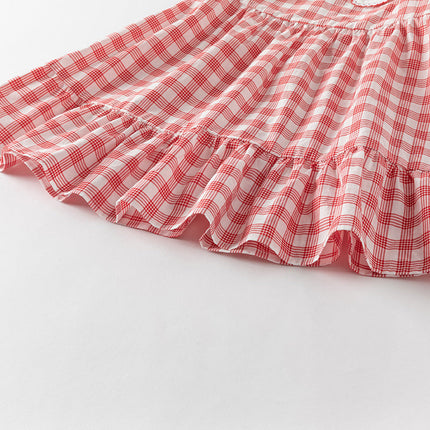 Girls Summer Cotton Red White Plaid Turnover Collar Dress