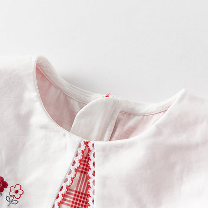 Girls Summer Cotton Red White Plaid Turnover Collar Dress