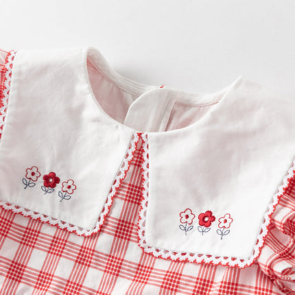 Girls Summer Cotton Red White Plaid Turnover Collar Dress