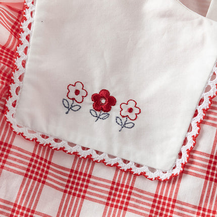Girls Summer Cotton Red White Plaid Turnover Collar Dress