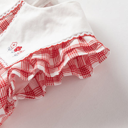 Girls Summer Cotton Red White Plaid Turnover Collar Dress