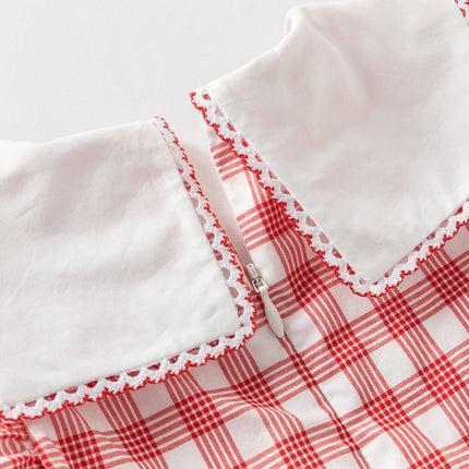 Girls Summer Cotton Red White Plaid Turnover Collar Dress