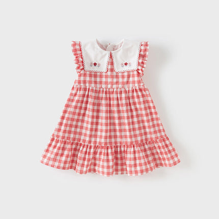 Girls Summer Cotton Red White Plaid Turnover Collar Dress