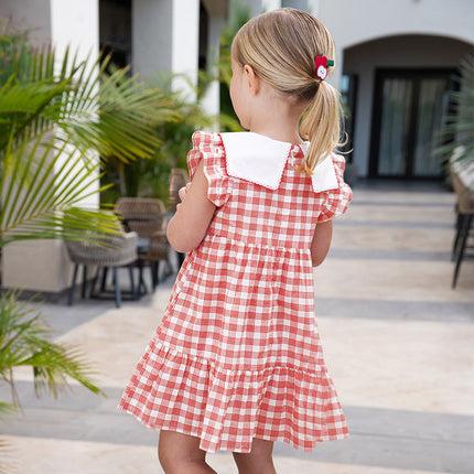 Girls Summer Cotton Red White Plaid Turnover Collar Dress