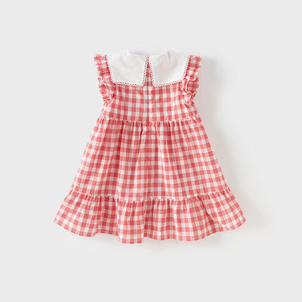 Girls Summer Cotton Red White Plaid Turnover Collar Dress
