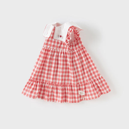 Girls Summer Cotton Red White Plaid Turnover Collar Dress