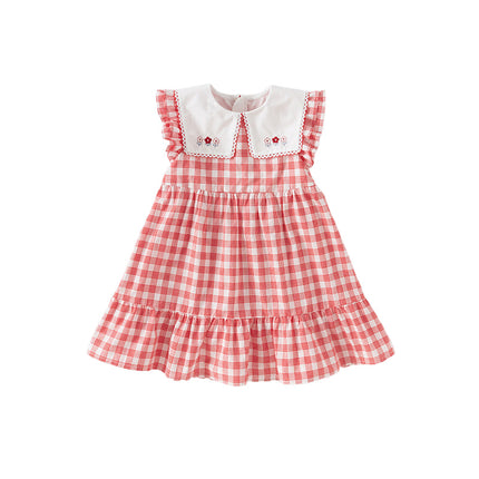 Girls Summer Cotton Red White Plaid Turnover Collar Dress