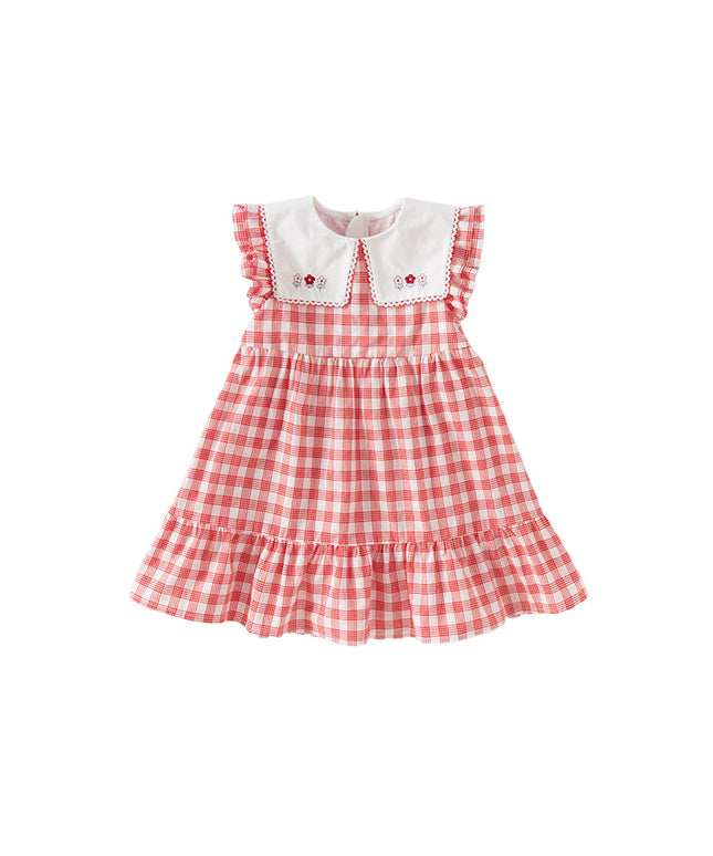 Girls Summer Cotton Red White Plaid Turnover Collar Dress