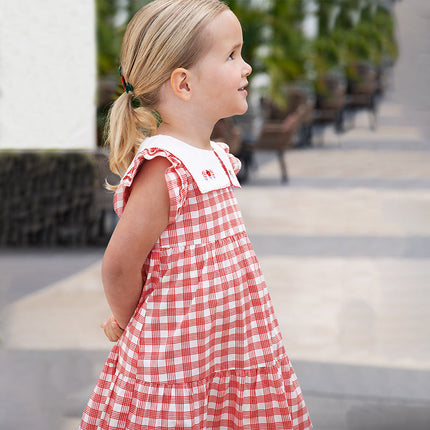 Girls Summer Cotton Red White Plaid Turnover Collar Dress