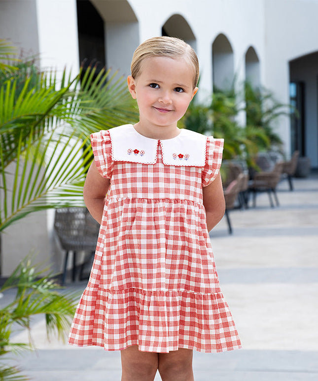 Girls Summer Cotton Red White Plaid Turnover Collar Dress