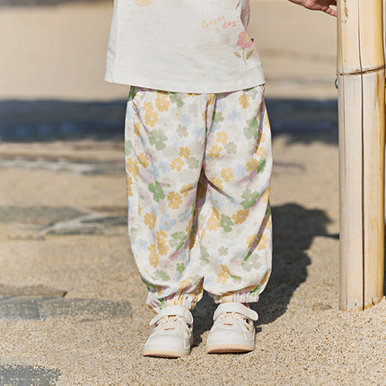 Toddler Girls Summer Beige Floral Print Loose Mosquito Proof Pants