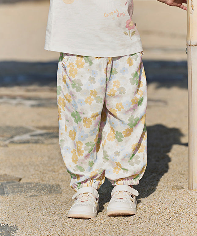 Toddler Girls Summer Beige Floral Print Loose Mosquito Proof Pants