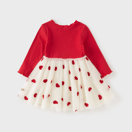 Toddler Girls Vivid Red Knit Sweater Mesh Dress